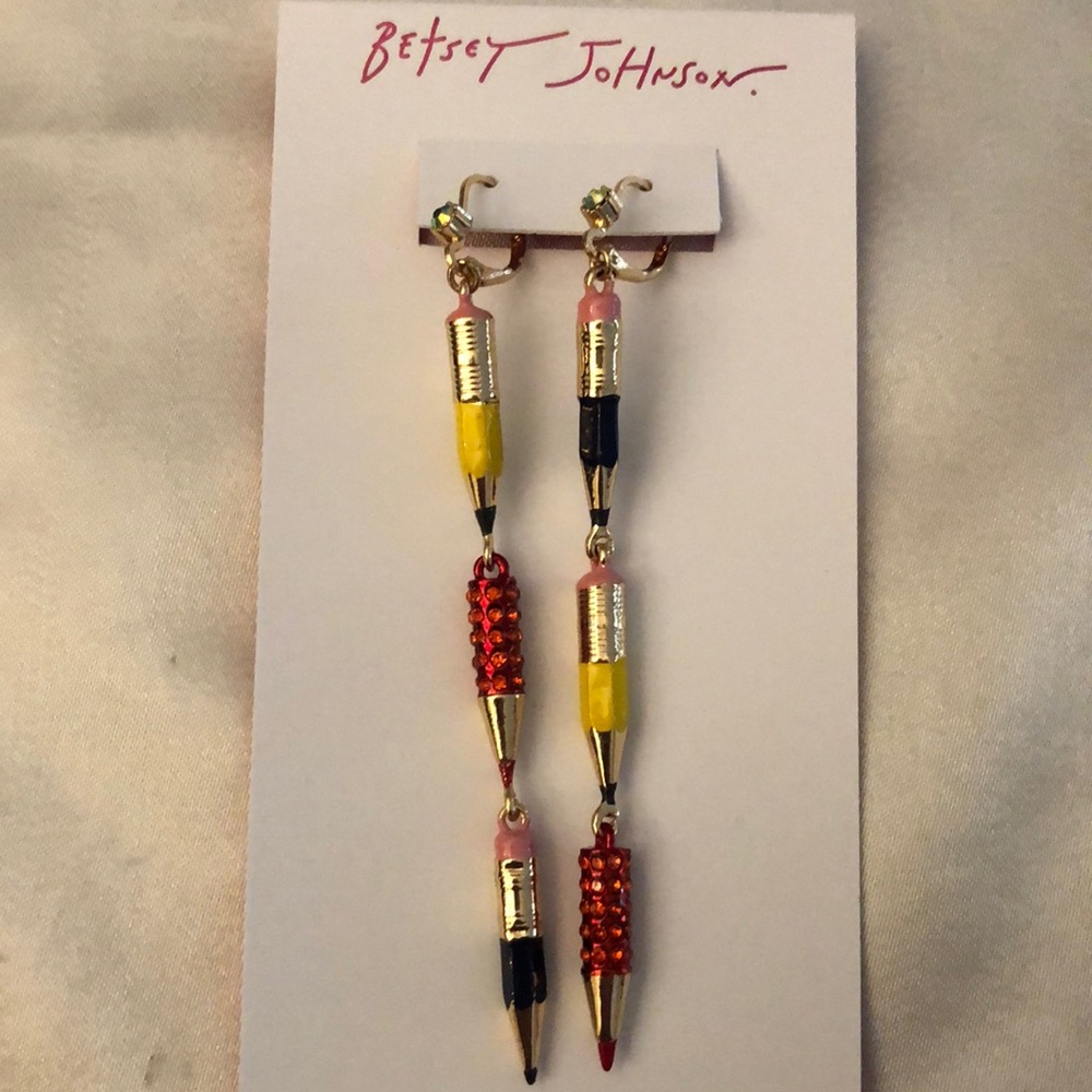 Betsey Johnson Book Smart Linear Mismatch Pencil Drop Earrings NWT
